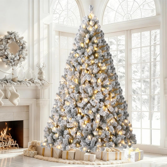 6FT/7.5FT Flocked Artificial Christmas Tree with Snowy Warm White LED Lights - Hinged Fraser Fir Holiday Decor