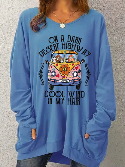 Women's Plus Size Graphic Pullover - "On a Dark Desert Highway" Long Sleeve T-Shirt