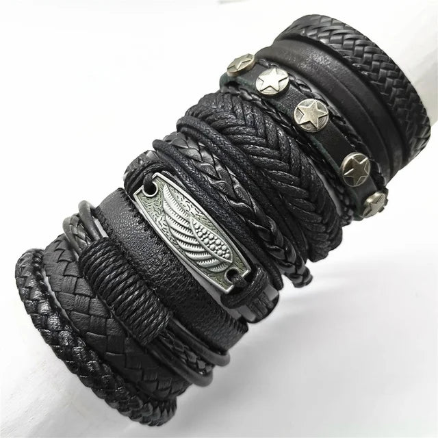 10 Pcs/set Black Wrap Woven Handmade Leather Bracelets