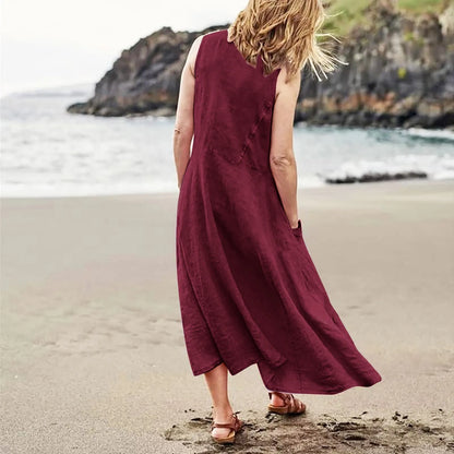 Women's Casual Sleeveless Cotton Linen Long Maxi Dress with Pockets