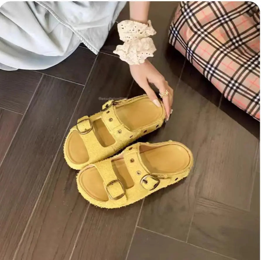 Women’s Suede Leather Buckle Strap Clogs & Slide Sandals
