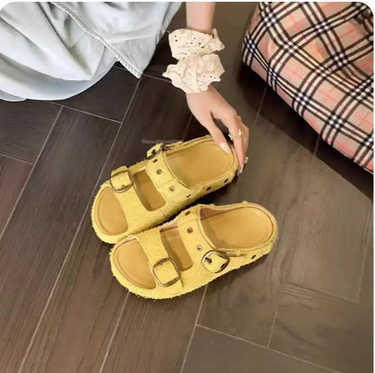 Women’s Suede Leather Buckle Strap Clogs & Slide Sandals