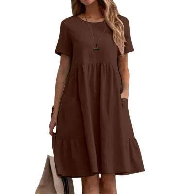 Women's Round Neck 100% Linen Loose Fit Summer Midi Dress with Pockets