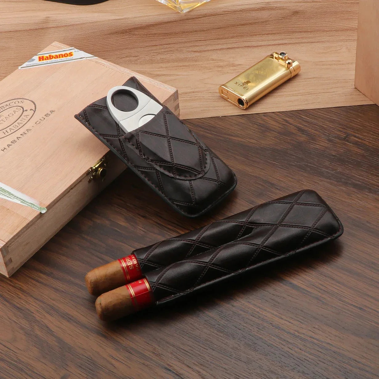 Xifei 2 Slot Leather Cigar Case Set W/ Stainless Steel Cutter