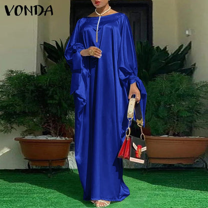 Women’s Long Sleeve Satin Maxi Dress – Vintage Floral Print Boho Sundress