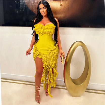 Women's Strapless Ruffle Tassel Irregular Maxi Evening Dress
