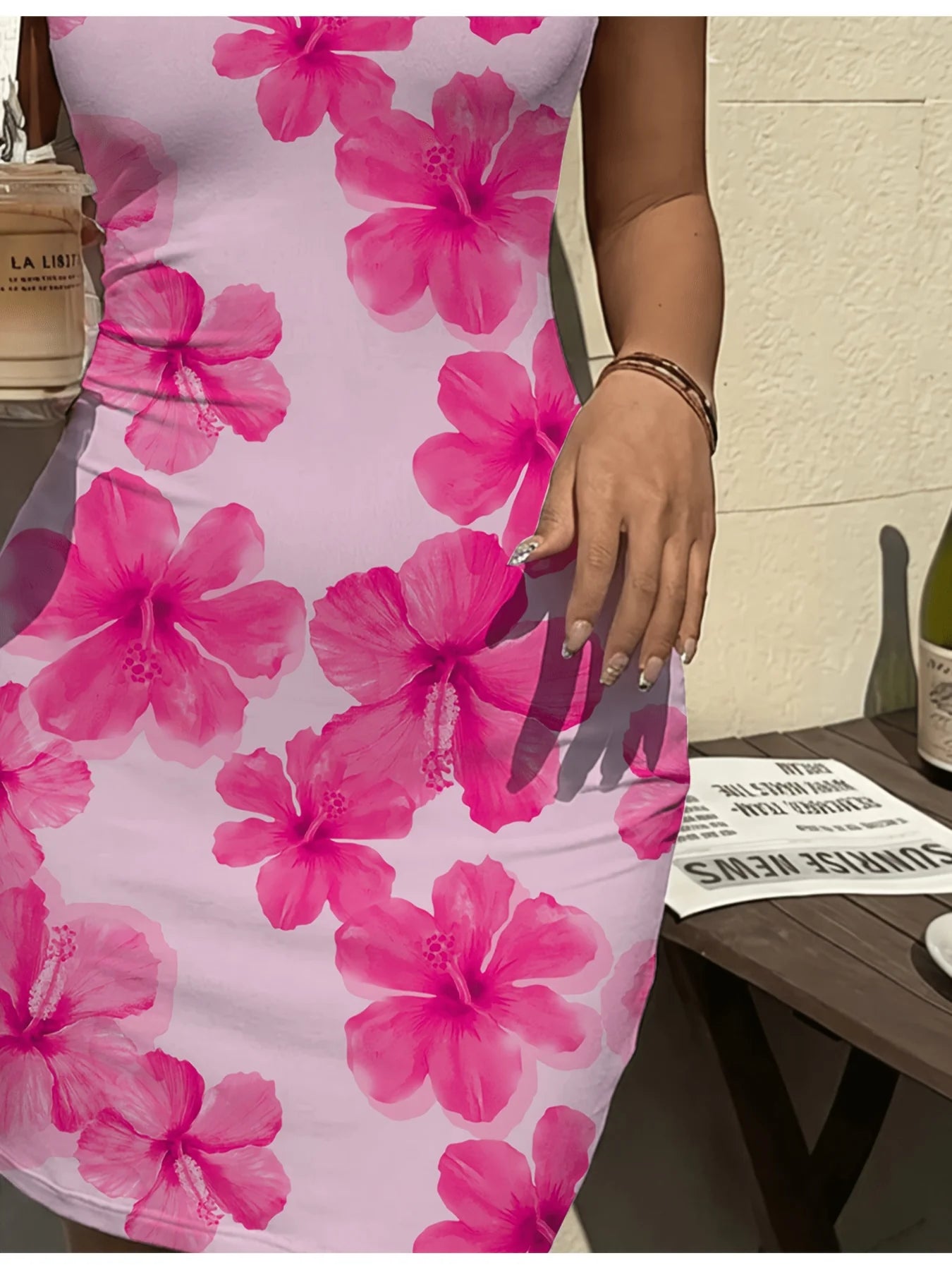 Women's Pink Floral Print Sleeveless Bodycon Mini Dress
