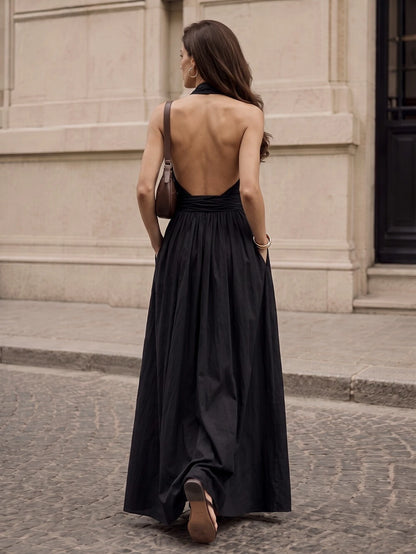 Women's Halter V-Neck Wrap Maxi Dress with Pockets
