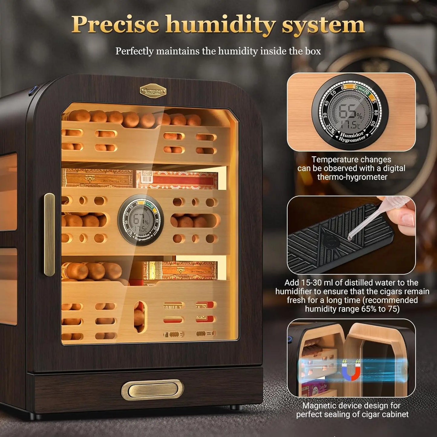 120 Cigar Capacity Cedar Wood Cigar Cabinet with LED Lighting System, Digital Thermometer and 2 Humidifiers