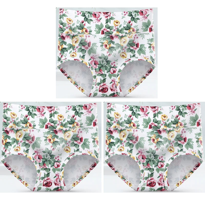 3-Pack Women's Floral Print High-Waisted Briefs - Plus Size Breathable Cotton Panties
