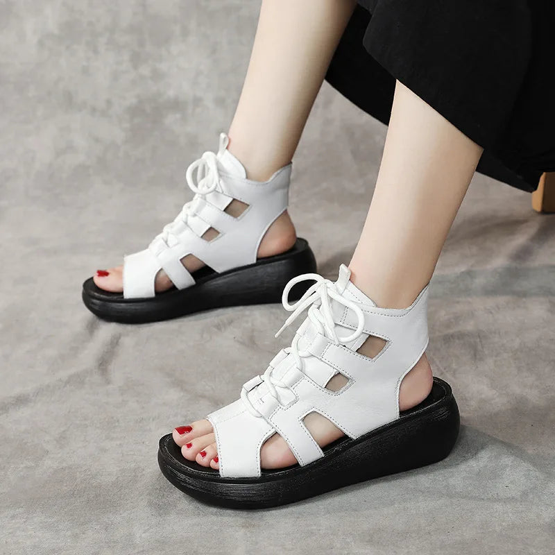 Women's Retro Genuine Leather Lace-Up Peep-Toe Sandals