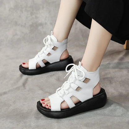 Women's Retro Genuine Leather Lace-Up Peep-Toe Sandals