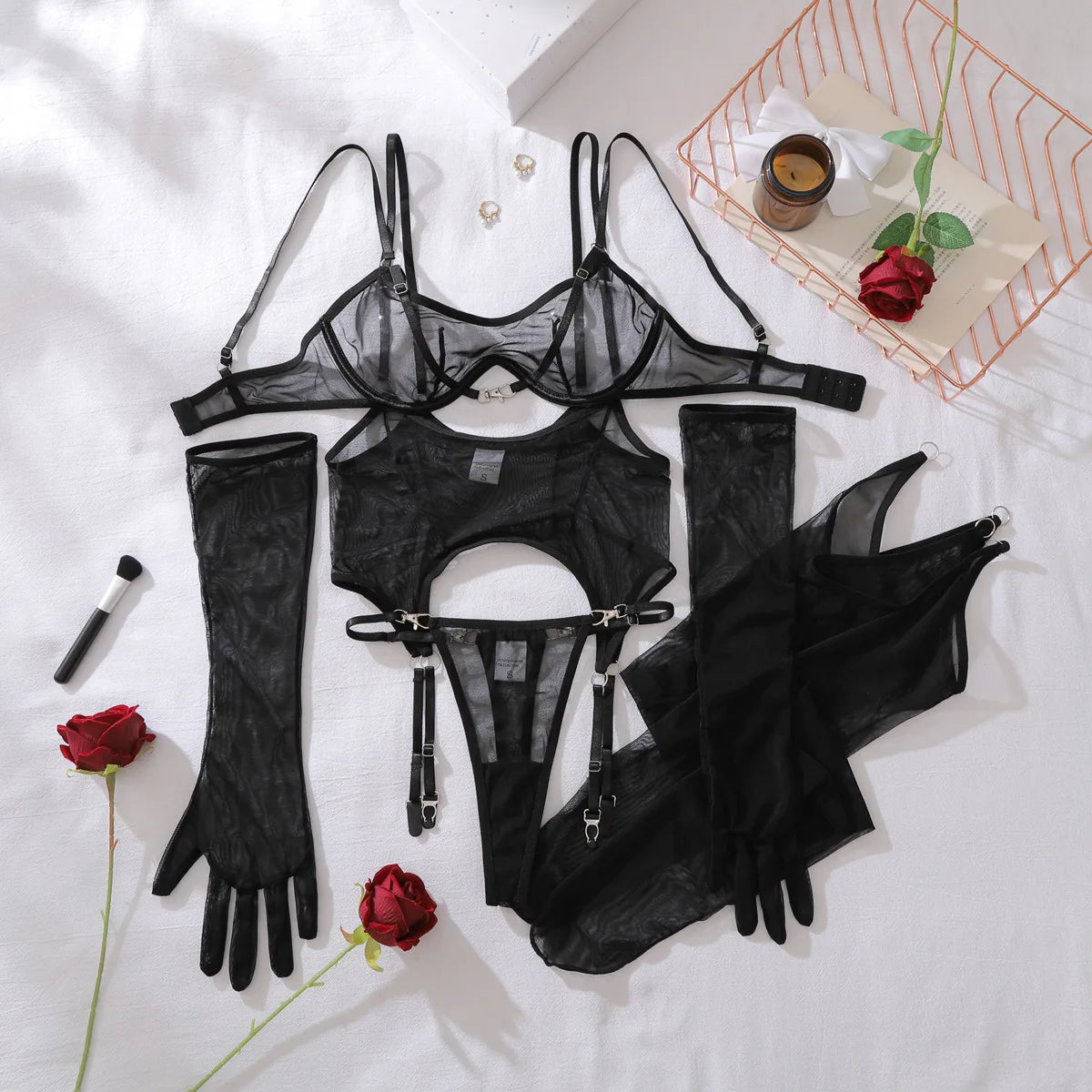 Women's Ultra-Thin Sheer Mesh Lingerie Set with Matching Stockings