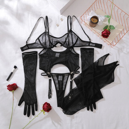 Women's Ultra-Thin Sheer Mesh Lingerie Set with Matching Stockings