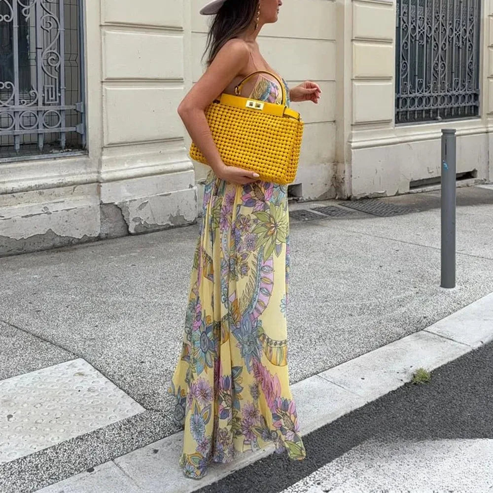 Women's Floral Print Chiffon Backless Cami Maxi Beach Dress