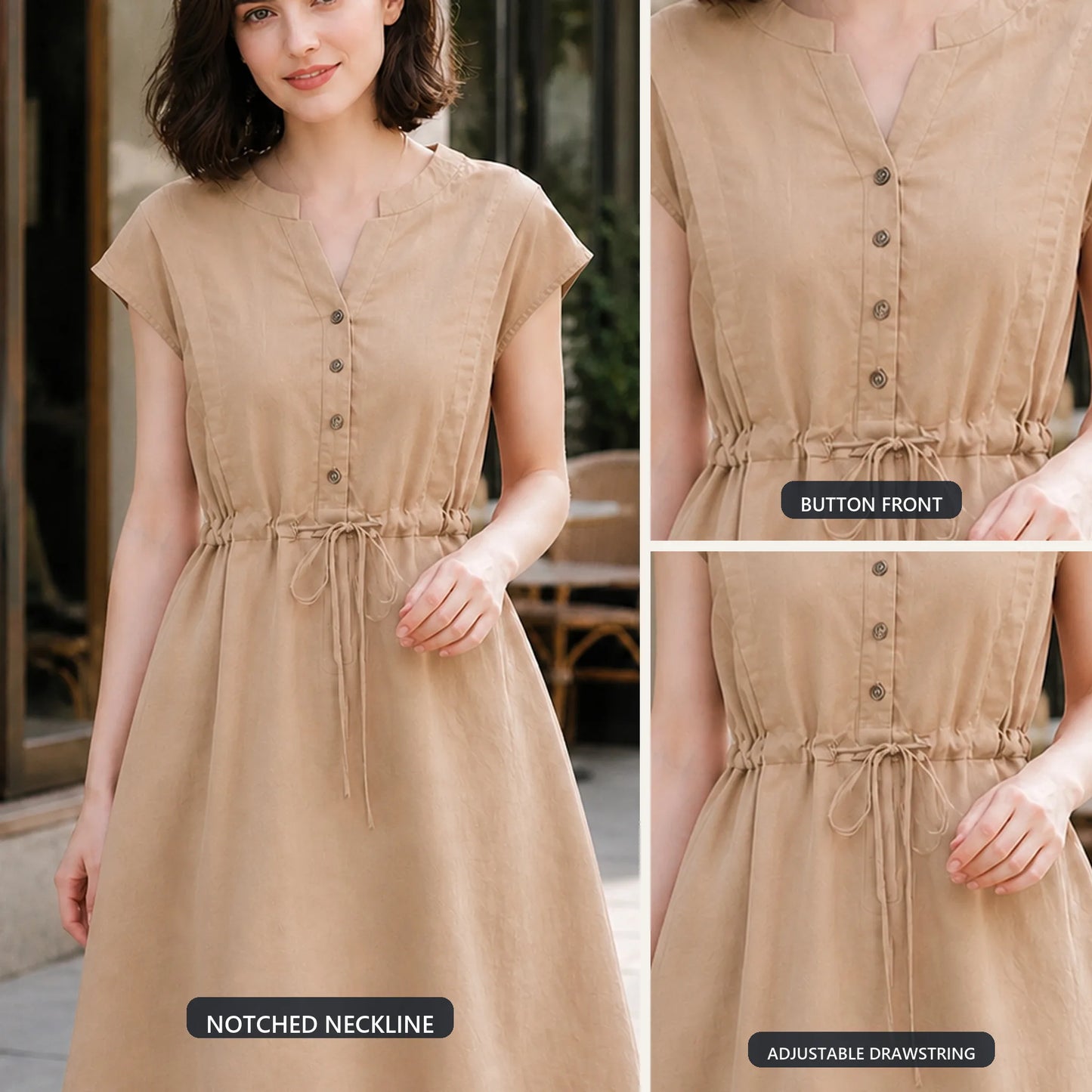 Women's Summer Cotton Linen Short Sleeve Button-Down A-Line Dress