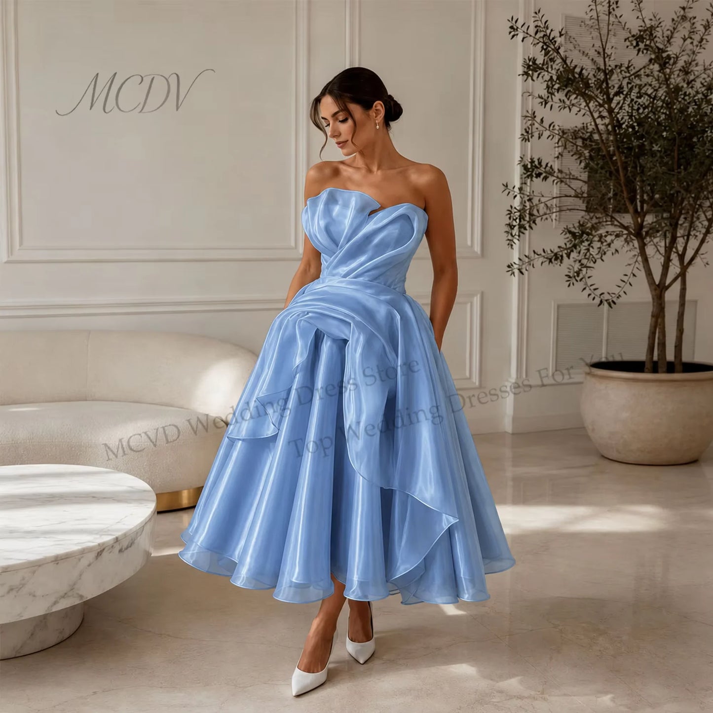 Elegant Strapless Organza A-Line Midi Wedding Dress – Civil Bridal Gown