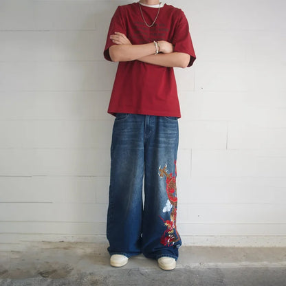 Dragon Graffiti Embroidered Loose Wide Leg Distressed Jeans