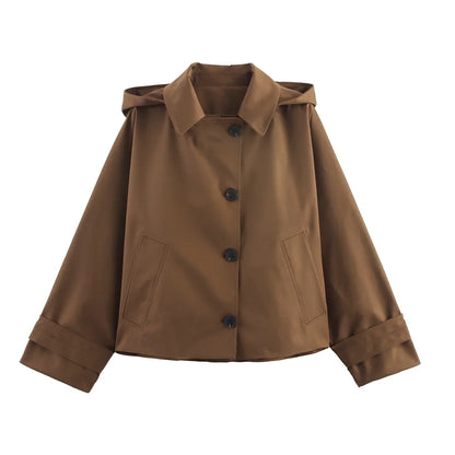 Women's European & American Style Hooded Lapel Jacket – Single-Breasted Trench Coat