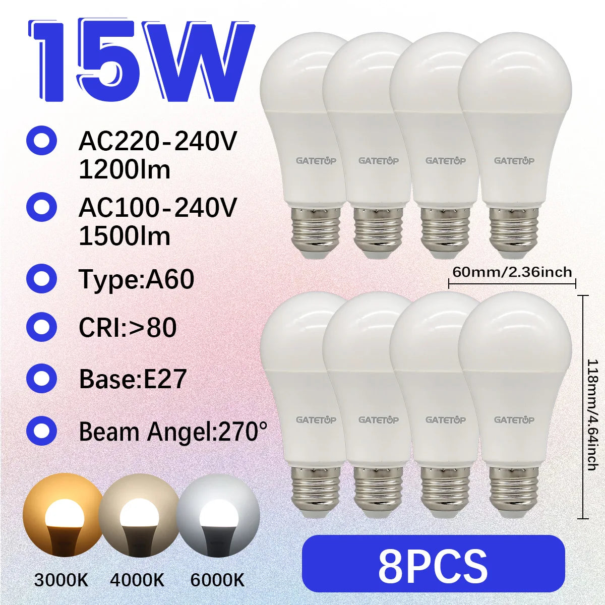 High-Efficiency Energy Saving LED Light Bulb – E27/B22 Base (15W / 3000K–6000K)