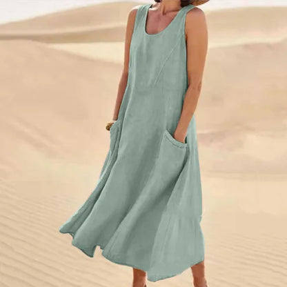 Cotton Linen Sleeveless Double Big Pocket Loose Dress
