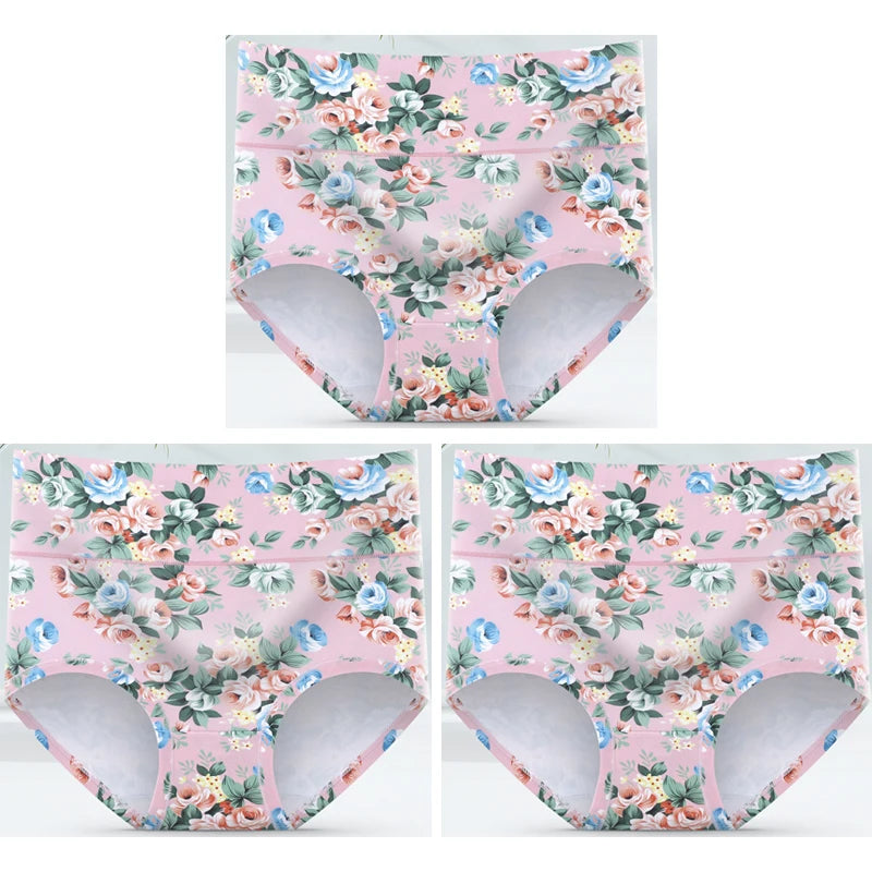 3-Pack Women's Floral Print High-Waisted Briefs - Plus Size Breathable Cotton Panties
