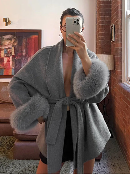 Elegant Lace-Up Woolen Short Coat with Furry Trim