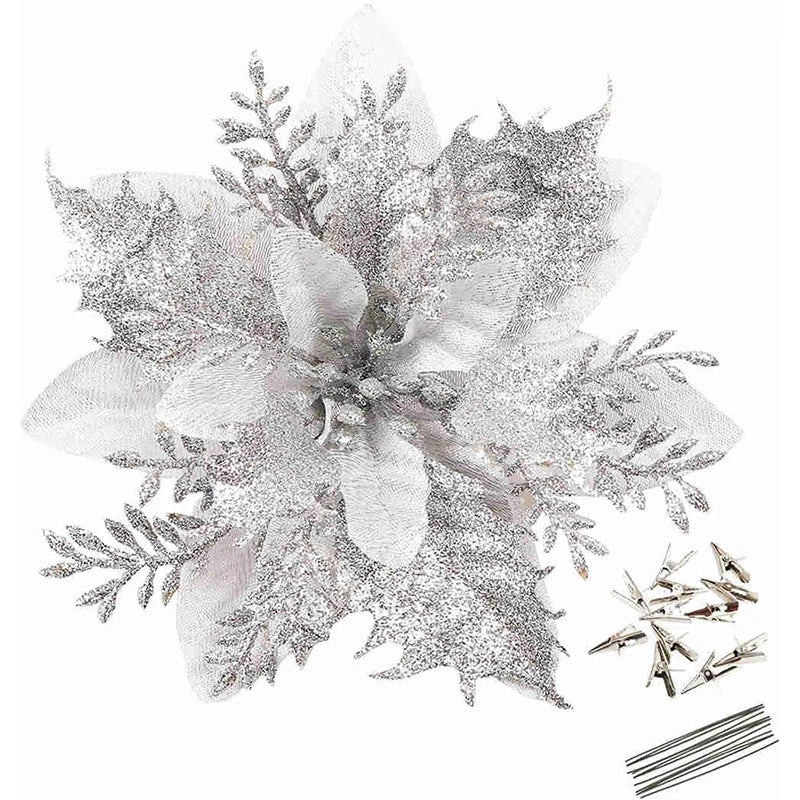18Pcs Glitter Artificial Christmas Flowers With Clips
