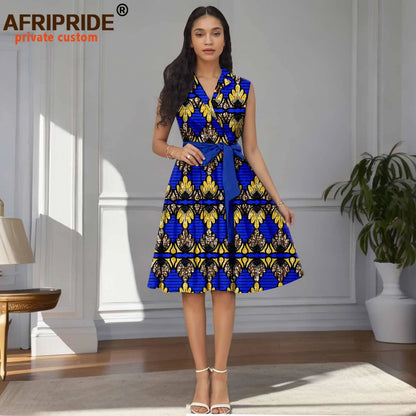 Designer Print Sleeveless High Waist Dress with Sash