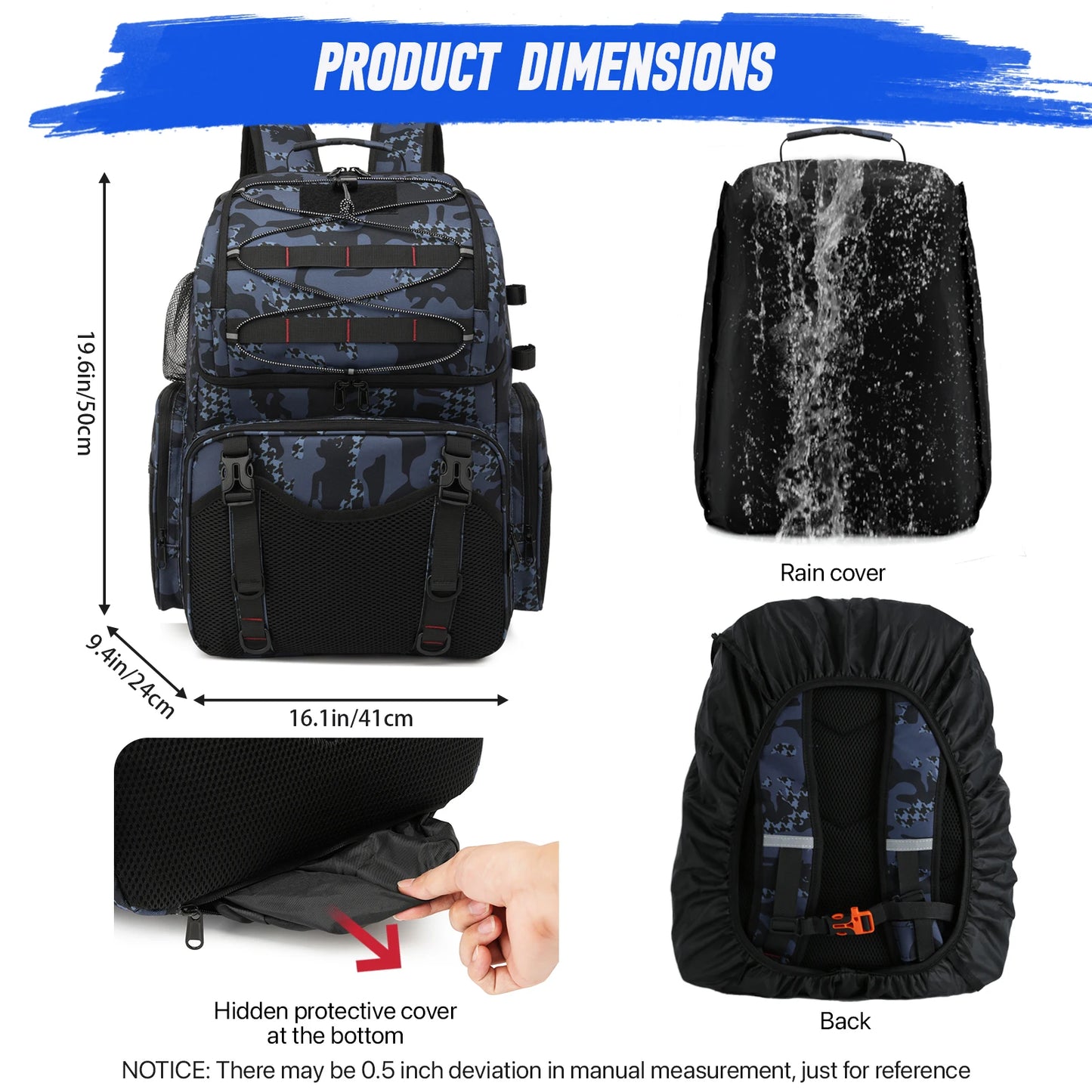 45L Fishing Tackle Storage Bag with Rod Holders & Rain Cover
