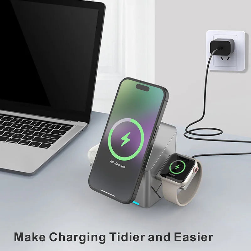 15W 3-in-1 Magnetic Wireless Charging Station with Touch Rotation for iPhone & Samsung