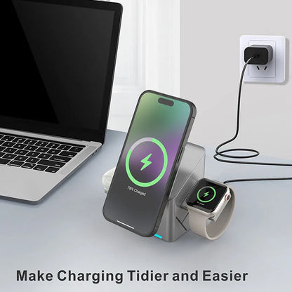 15W 3-in-1 Magnetic Wireless Charging Station with Touch Rotation for iPhone & Samsung