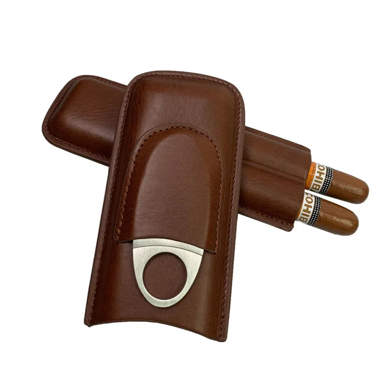 Xifei 2 Slot Leather Cigar Case Set W/ Stainless Steel Cutter