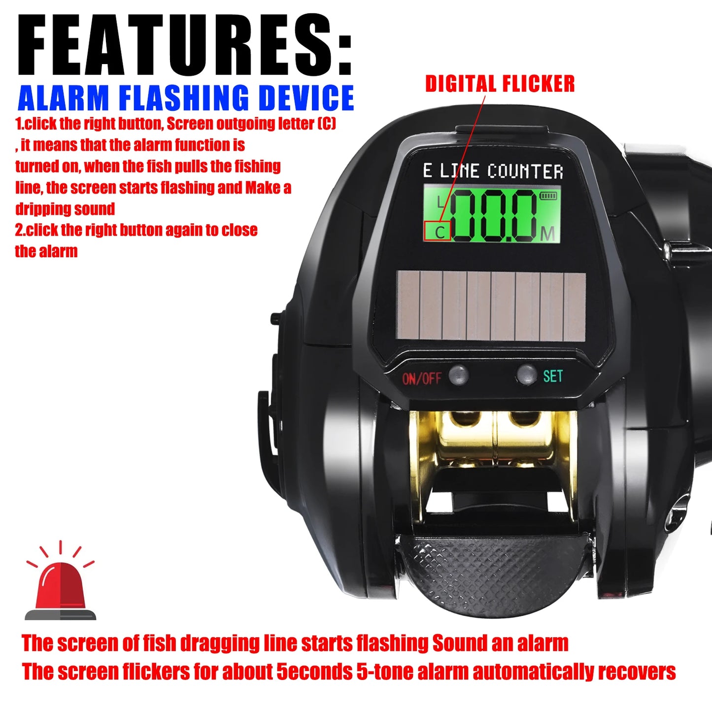 Electronic Baitcasting Fishing Reel with Led Screen and Solar Charging