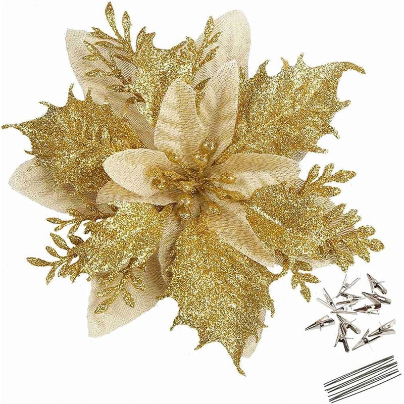 18Pcs Glitter Artificial Christmas Flowers With Clips