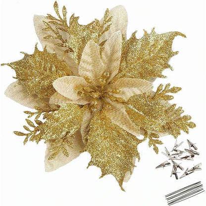 18Pcs Glitter Artificial Christmas Flowers With Clips
