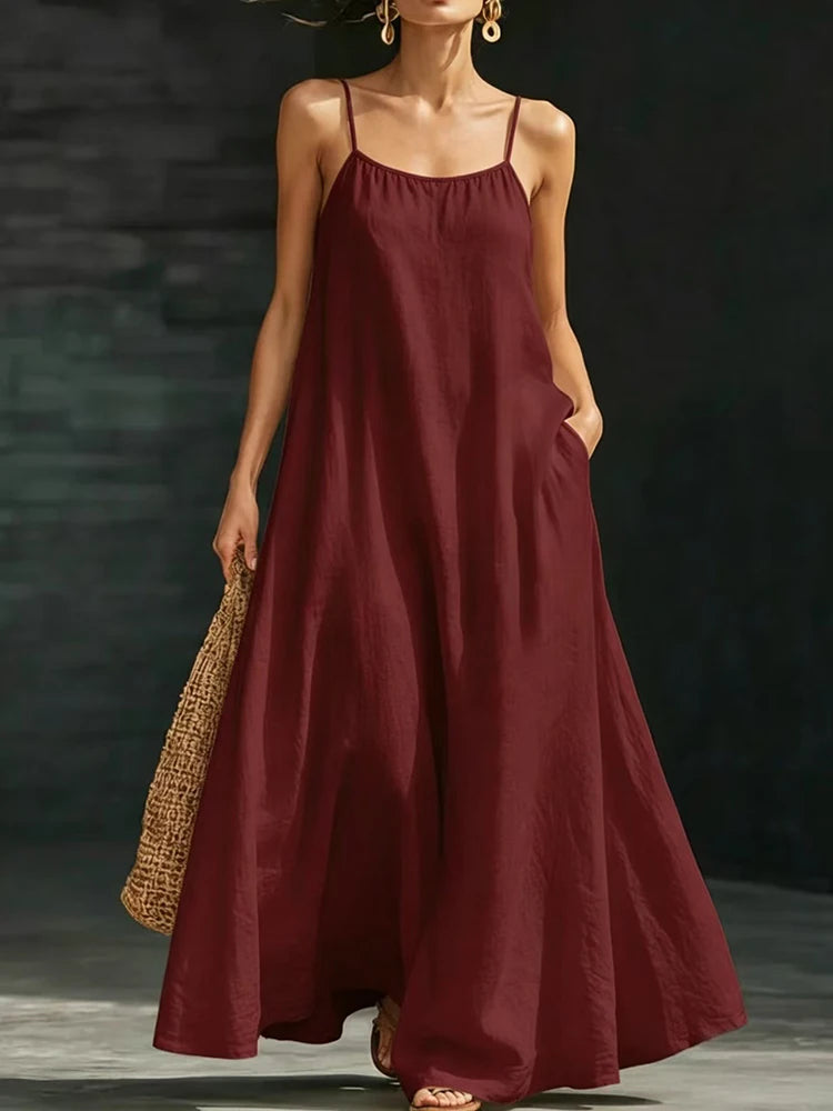 Women’s Casual V-Neck Spaghetti Strap Maxi Dress – Loose Swing Summer Beach Sundress