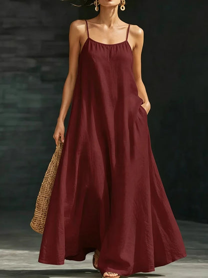Women’s Casual V-Neck Spaghetti Strap Maxi Dress – Loose Swing Summer Beach Sundress