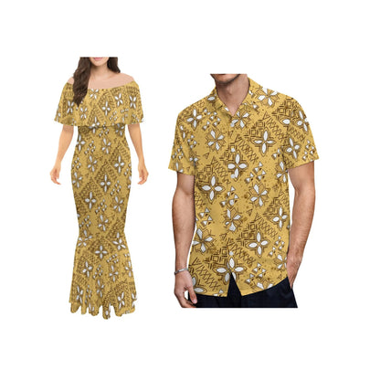 Polynesian Tribal One-Shoulder Mermaid Dress & Matching Men's Shirt