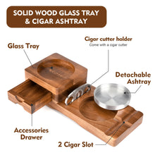 Whiskey Glass Tray & Wooden Ash Tray with Cigar Cutter Drawer and Cigar Slot