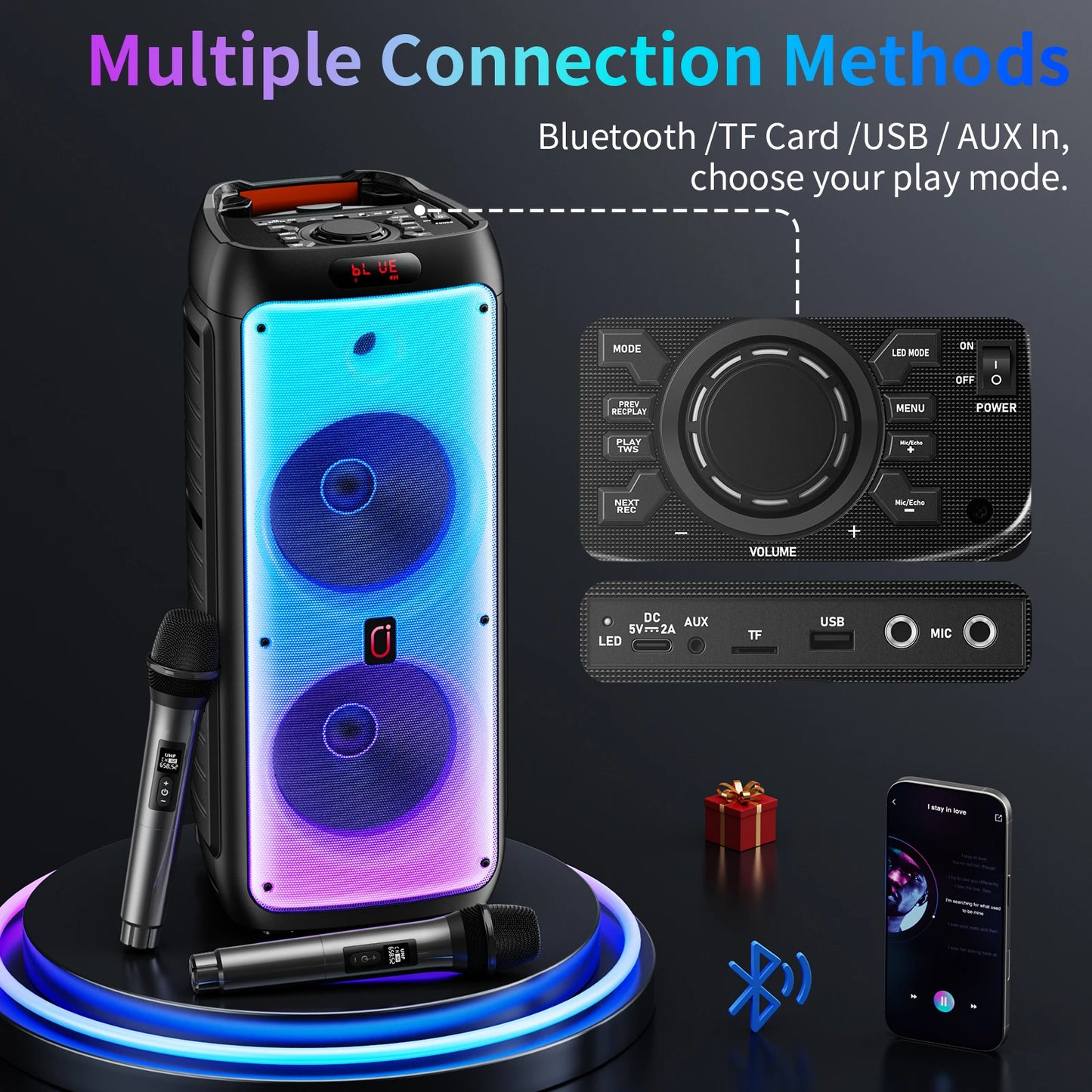 Portable Bluetooth Karaoke Speaker with Wheels & Wireless Microphones