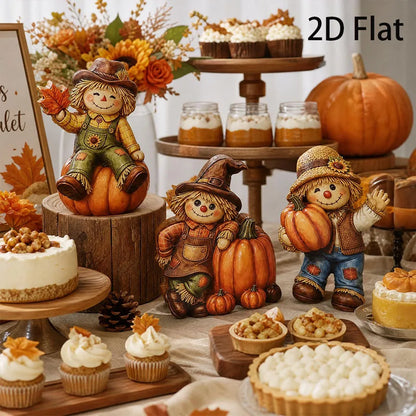 2-Piece Autumn Scarecrow Wooden Table Ornaments - Thanksgiving Standee Decor Set