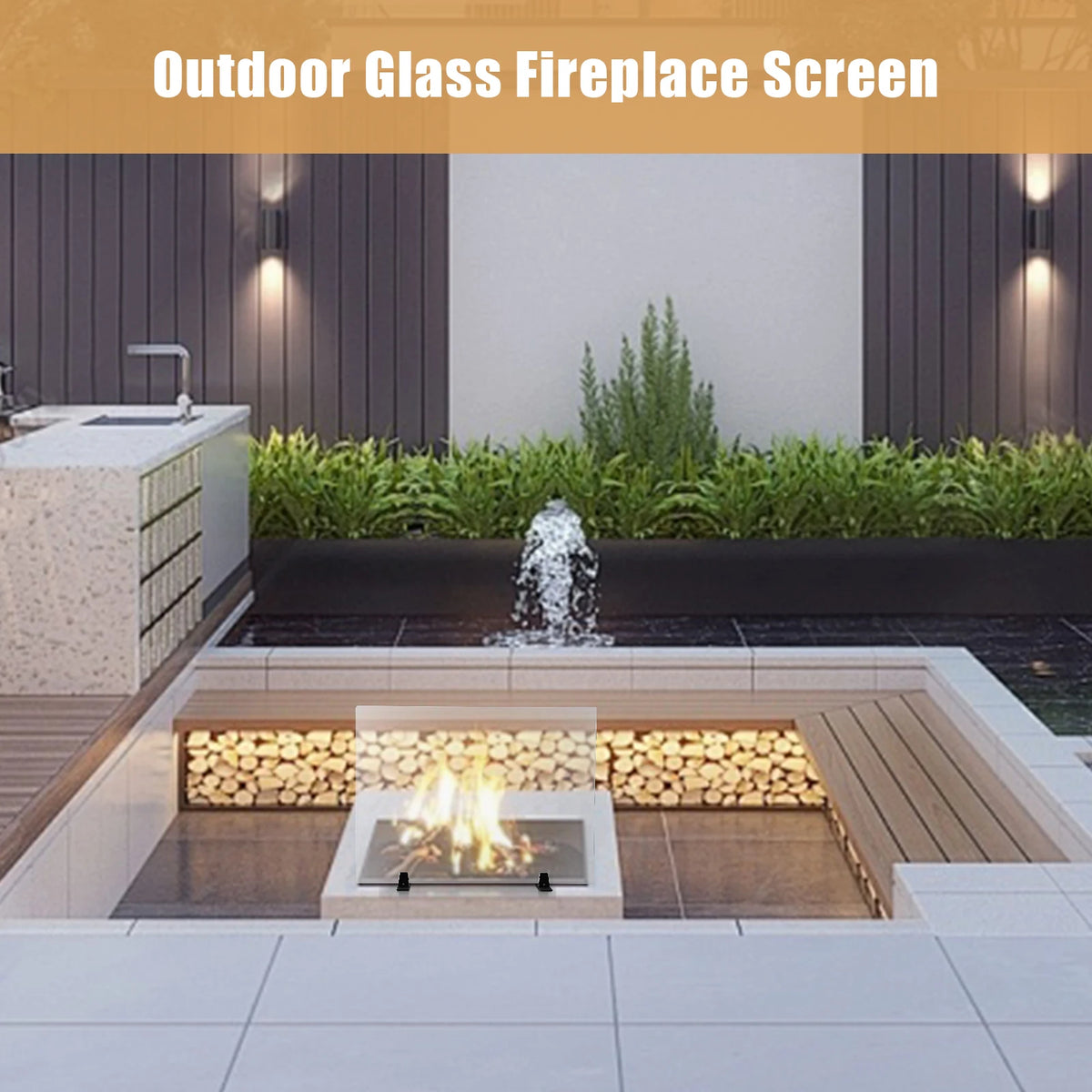 Tempered Glass Fireplace Screen – Clear Heat-Resistant Fire Guard with Black Metal Base