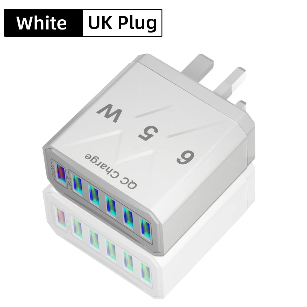 65W 6 Ports USB Fast Charging QC3.0 Travel Charger