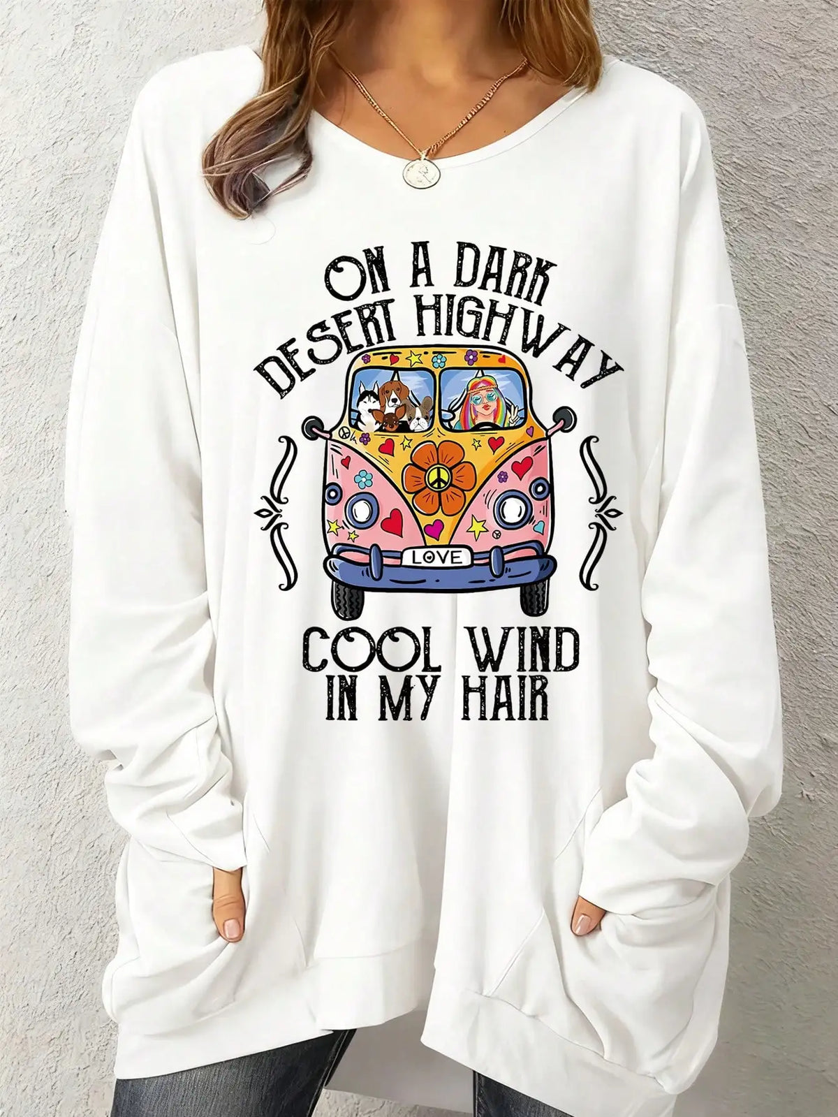 Women's Plus Size Graphic Pullover - "On a Dark Desert Highway" Long Sleeve T-Shirt