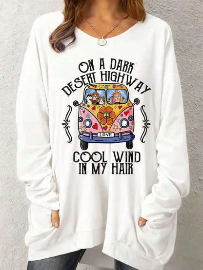 Women's Plus Size Graphic Pullover - "On a Dark Desert Highway" Long Sleeve T-Shirt