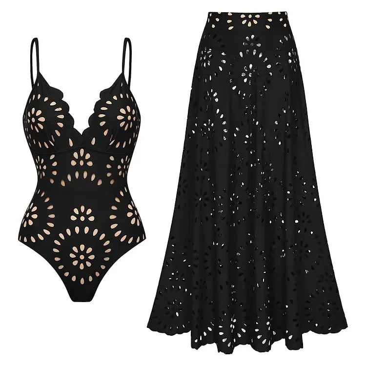 Women's Floral Cutout One-Piece Swimsuit & Skirt Set