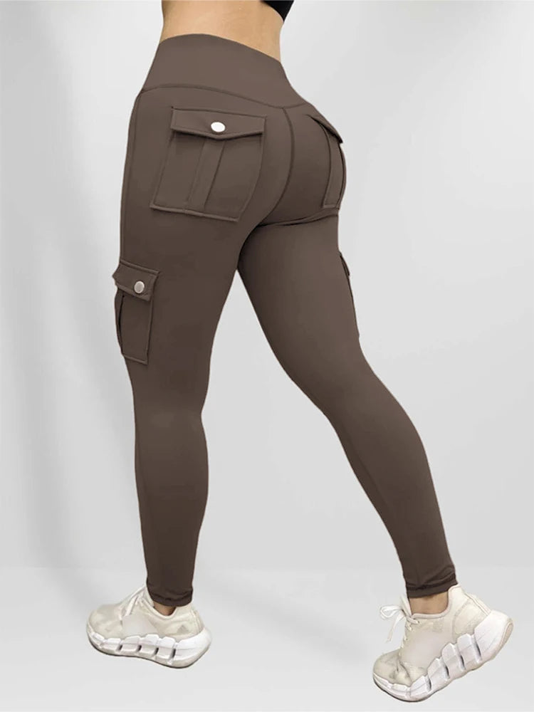 Plus Size Women's High-Waist Butt Lift Cargo Leggings with Flap Pockets