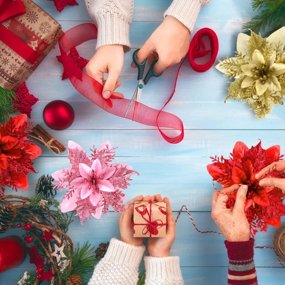 Glitter Artificial Christmas Flowers Set
