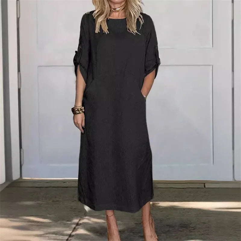 Women's Casual 3/4-Sleeve Cotton Linen Pullover Dress with Pockets